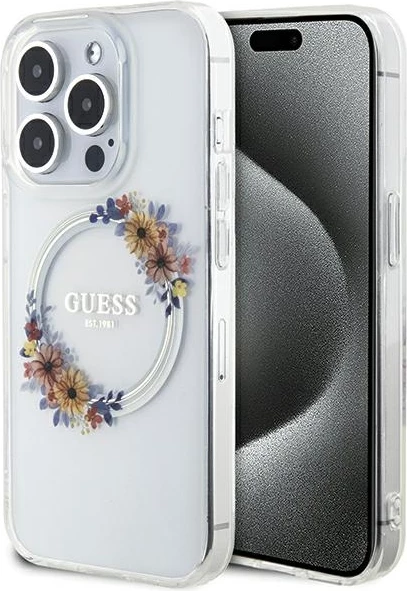 Mbështjellës Guess IML Flowers Wreath MagSafe për iPhone 15 Pro, Transparent