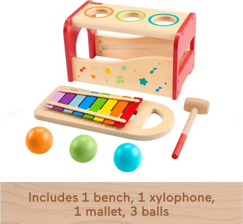 Lodër muzikore prej druri Fisher Price HXT88 me ksilofon dhe topa, shumëngjyrëshe