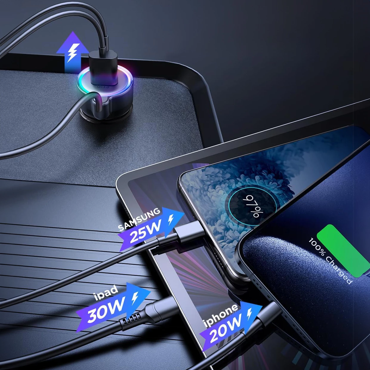 Karikues veture Joyroom JR-CL07, 3 në 1, 60W, me kabllo USB Type C 1.6m, zi