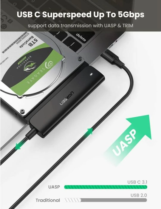 Adapter USB-C 3.1 Gen1 në SATA UGREEN 70610 për 2.5\" HDD/SSD, 50cm, i zi, në kuti