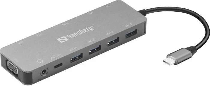 stacion dokimi USB-C SANDBERG 136-45 13-në-1, PD 100W, 2x HDMI 4K, VGA, Gigabit Ethernet, SD/microSD, audio 3.5mm, 4x USB, set 2 pjesë, gri