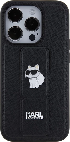 Mbështjellës Karl Lagerfeld Gripstand Saffiano Choupette Pins për iPhone 15 Pro Max, i zi