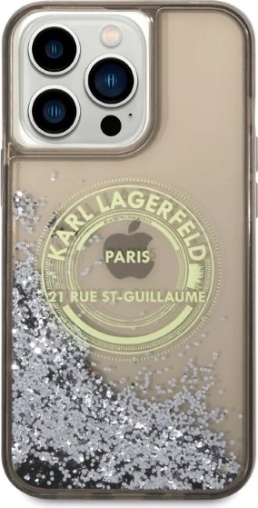 Mbështjellës Karl Lagerfeld Liquid Glitter RSG për iPhone 14 Pro Max, i zi