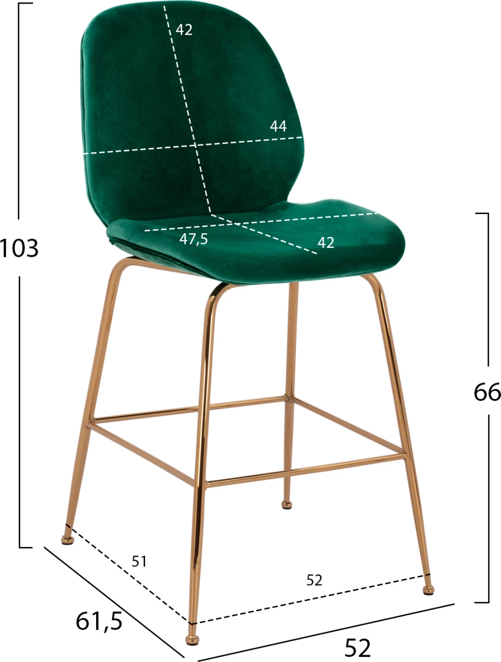 Karrige për bar, lartësi mesatare, Nora FH8524.03, kadife ngjyrë selvi dhe kornizë metalike e artë, 52x61,5x103 cm., set prej 2 copë