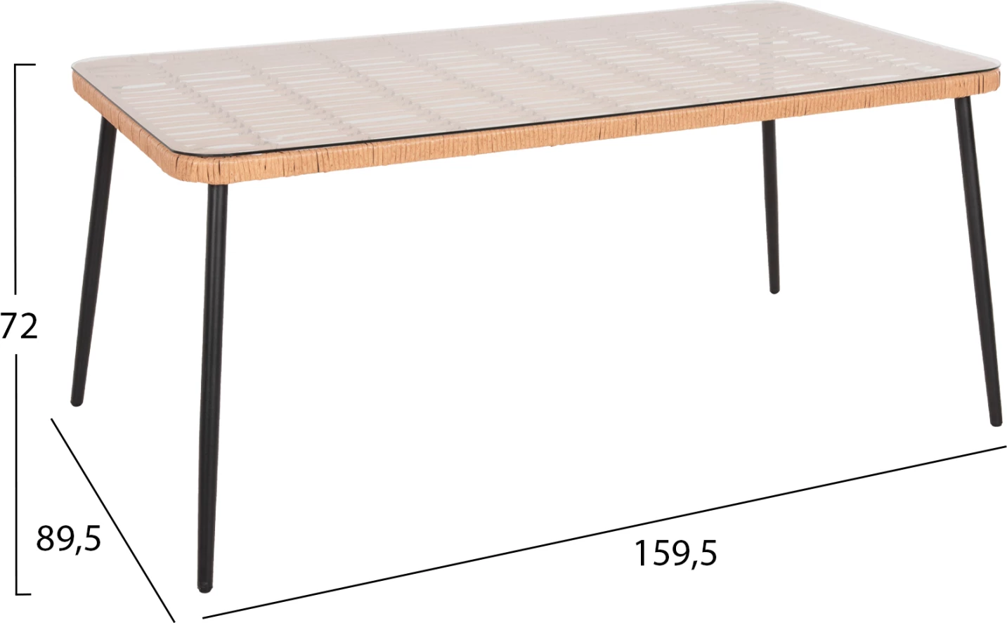 Tavolinë drejtkëndore për ngrënie, ALLEGRA, FH5538.11, metal i zi, ratan natyral, 159,5x89,5x72H cm