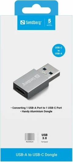 adapter USB-A në USB-C SANDBERG 136-46, USB 3.1 Gen 1/3.0/2.0/1.1, argjend