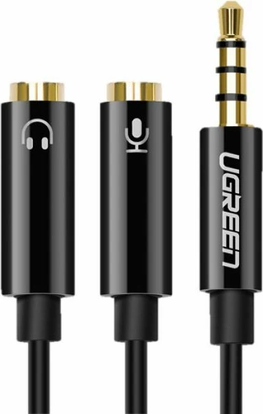 Adapter audio UGREEN 30620 3.5mm (M) në 2x 3.5mm (F) kufje + mikrofon 15cm, i zi, polybag