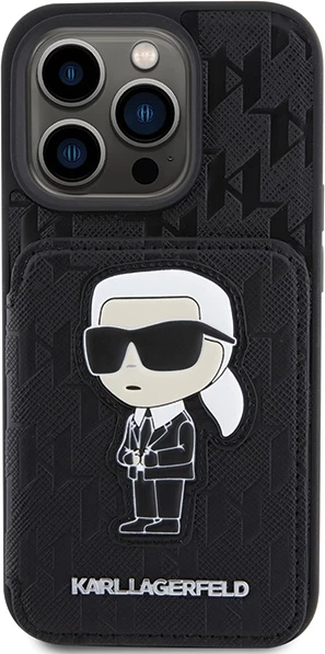 Mbështjellës Karl Lagerfeld Saffiano Cardslots & Stand Monogram Ikonik për iPhone 15 Pro, e zezë