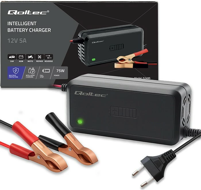 Karikues baterie mikroprocesorik, Qoltec, 52495, 12V 5A, 6 faza, për AGM/GEL/SLA, zi