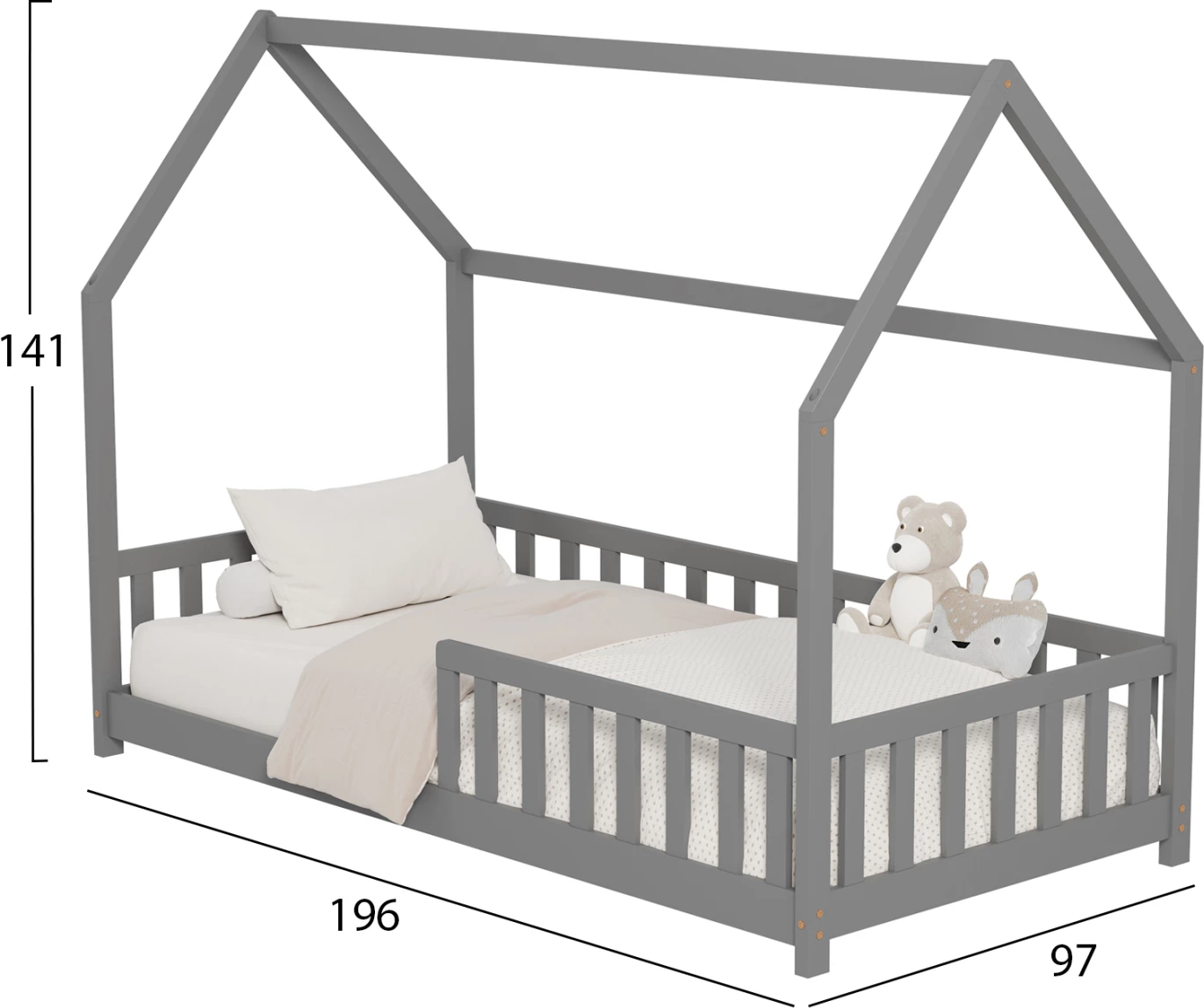 Krevat për fëmijë me gardh PHYLLIS FH679.05 t.MONTESSORI dru pishe i fortë ngjyrë gri - 190x90cm
