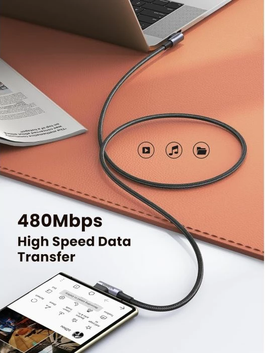 Kabllo USB-C në USB-C UGREEN Corner 70531, 60W, 2m, kënd 90°, 480Mbps, e thurur, e zezë/argjendtë