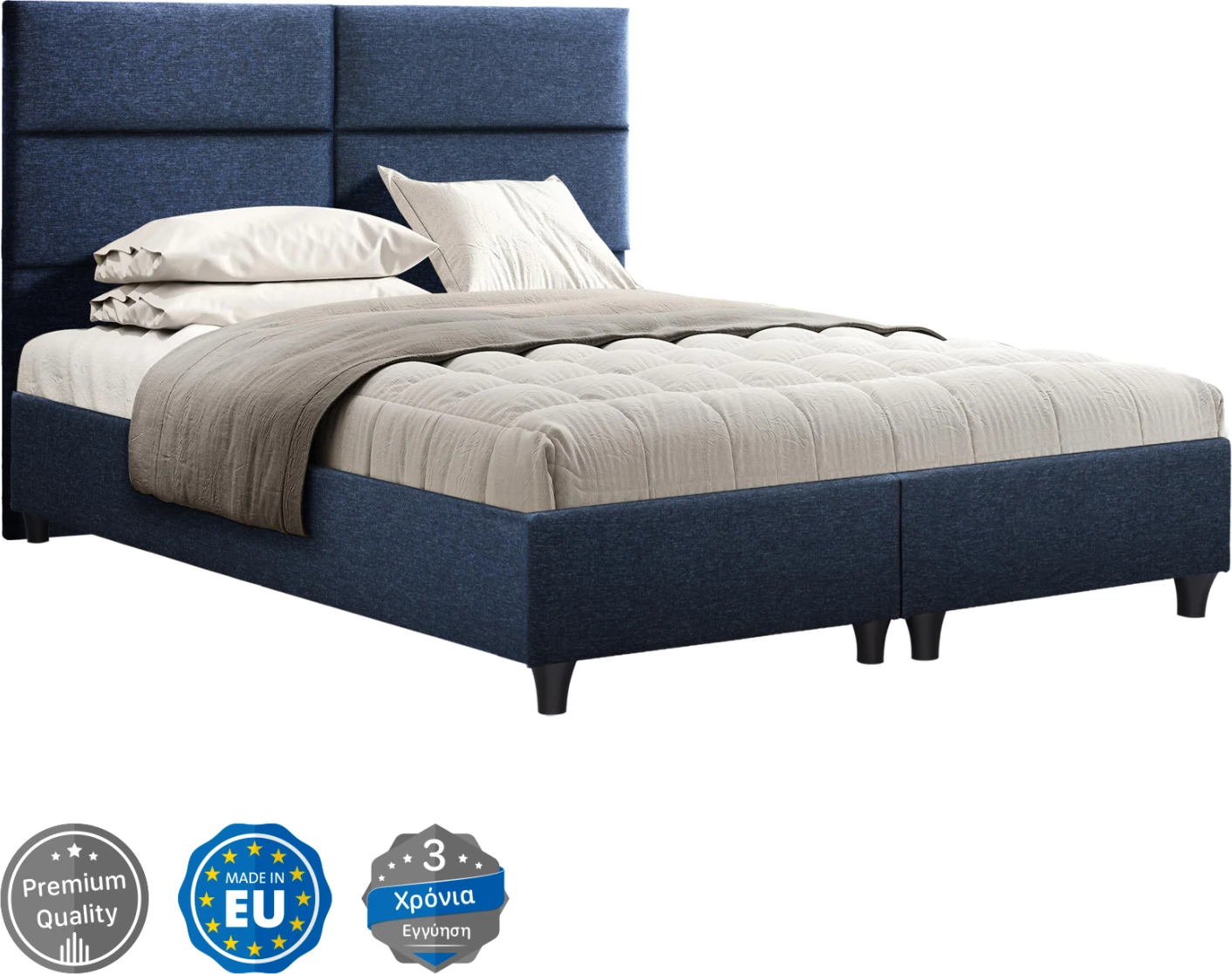 Krevat FH616.08, stof blu, për dyshek 160x200, mbështetëse koke, me 2 nënshtrime në vend të dërrasave të krevatit