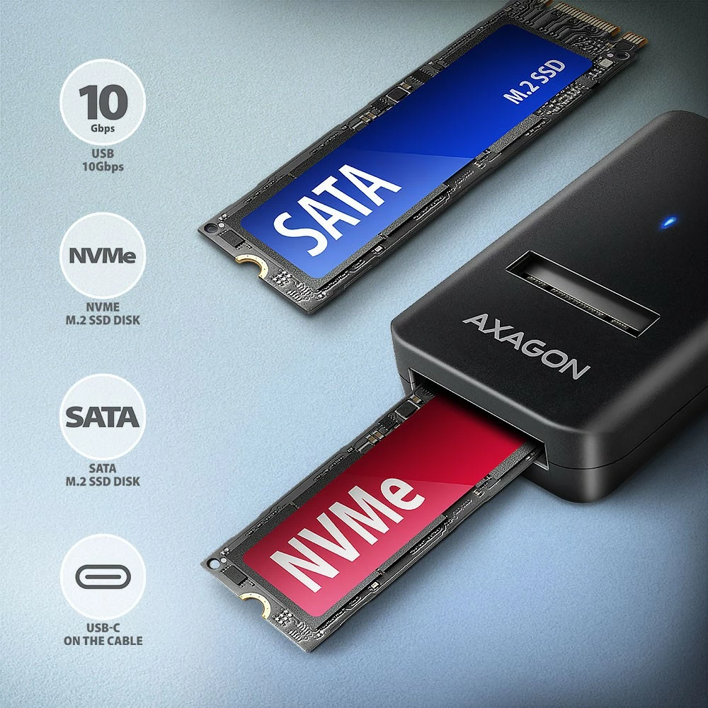 Kasë AXAGON ADM2-CM për SSD M.2 NVMe/SATA, USB 3.2 Gen 2, 10cm kabllo, e zezë