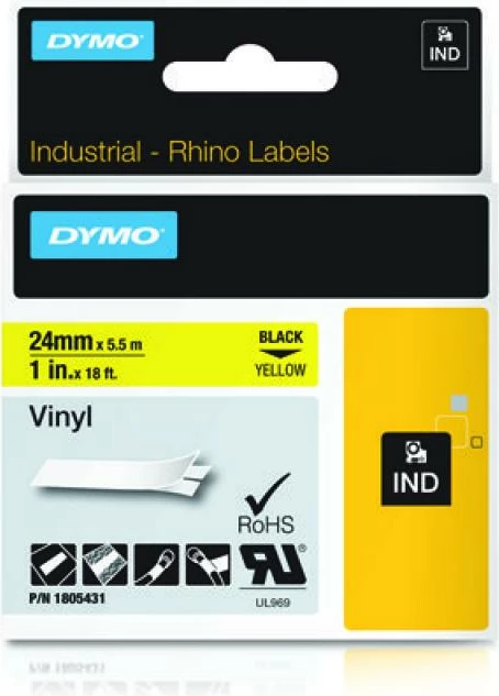 Shirit etiketimi vinil Dymo Rhino 1805431, i zi në të verdhë