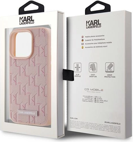 Mbështjellës Karl Lagerfeld Leather Monogram Metal Logo për iPhone 15 Pro Max, Rozë