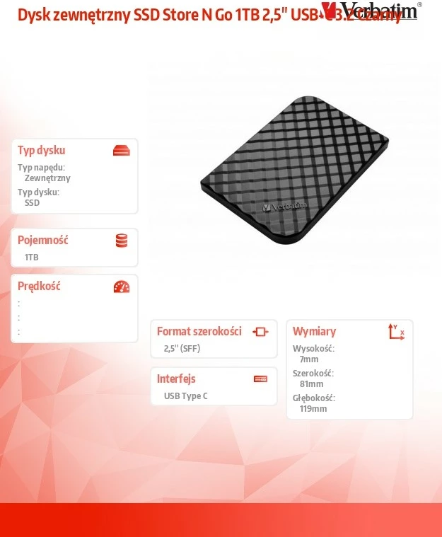 SSD i jashtëm, Verbatim Store 'n' Go 53230, 1TB 2.5" USB 3.2 Gen 1 USB-C, e zezë