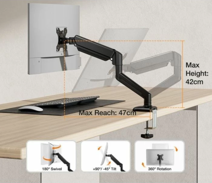 Mbajtëse monitori me krah gaz VONHAUS 3000914, deri 32 inç, VESA 75x75/100x100, 9 kg, montim me clamp ose në vrimë, e zezë