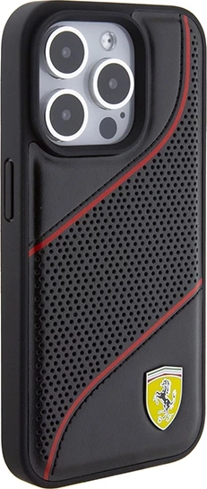 Mbështjellës Ferrari Perforated Waves Metal Logo për iPhone 15 Pro, i zi