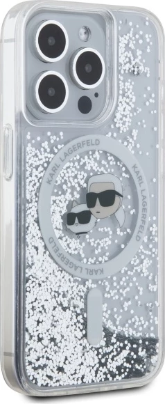 Mbështjellës Karl Lagerfeld Liquid Glitter Karl & Choupette Head MagSafe për iPhone 15 Pro, Transparent