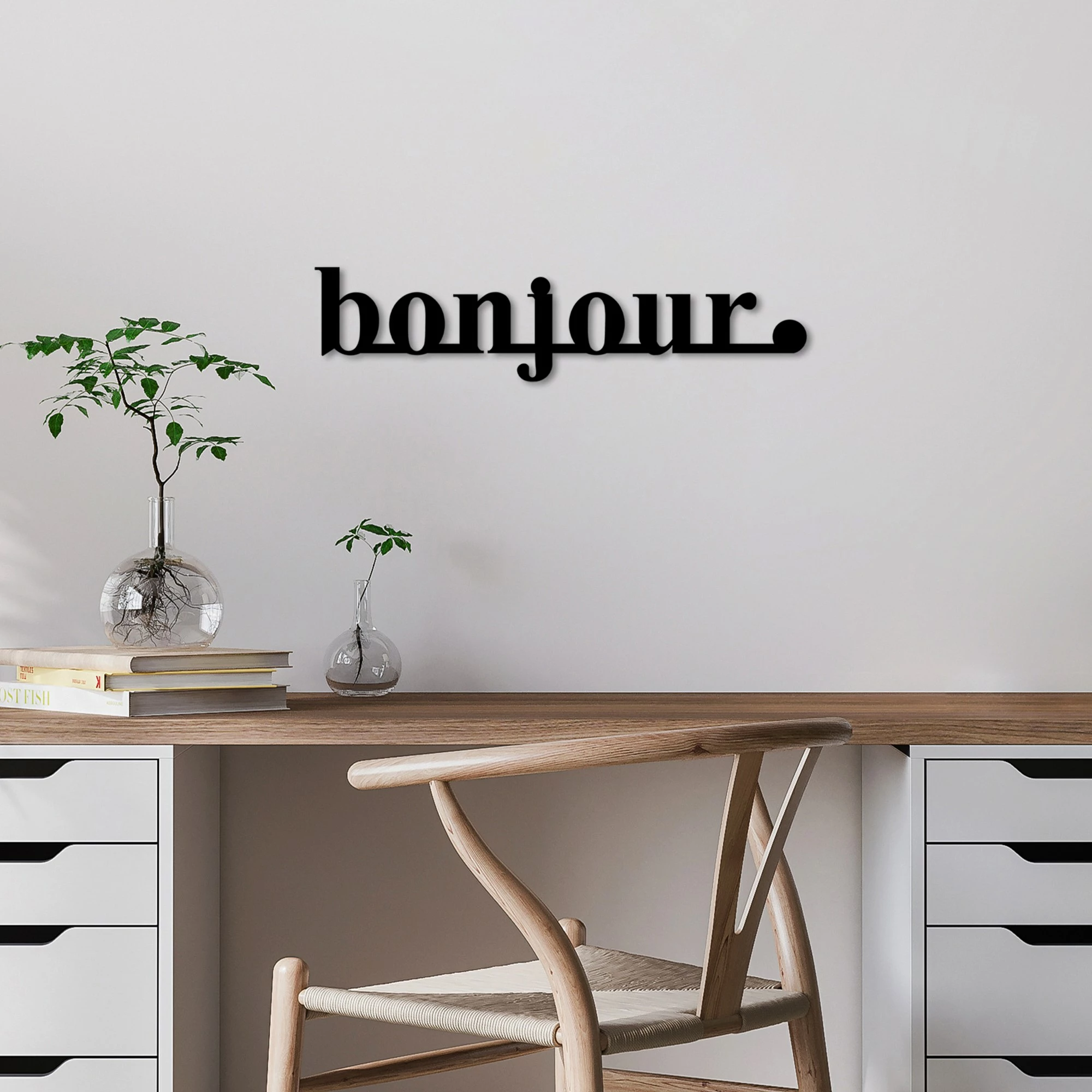 Aksesor dekorativ metalik për mur, Wallity, Bonjour, ngjyrë e zezë, 70x16cm