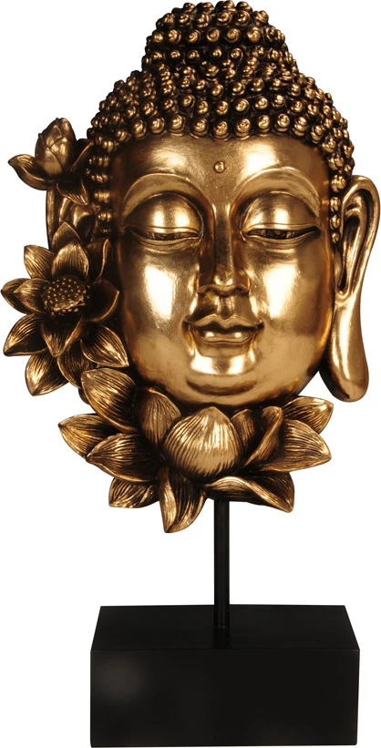 Dekor Buda me lule lotus, polirezine, ngjyrë ari e zezë, 19x9x35cm