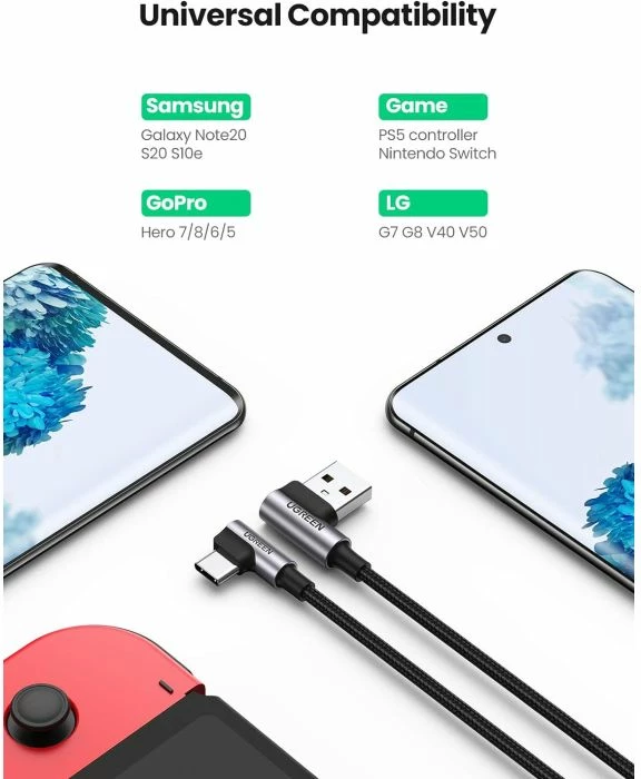 Kabllo USB-A në USB-C UGREEN 20857, 2m, 90° (right-angle), karikim i shpejtë 18W, 480Mbps, e thurur, e zezë