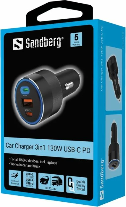 Karikues veture SANDBERG 441-49 130W USB-C PD, 2x USB-C + USB-A, i zi me detaje blu