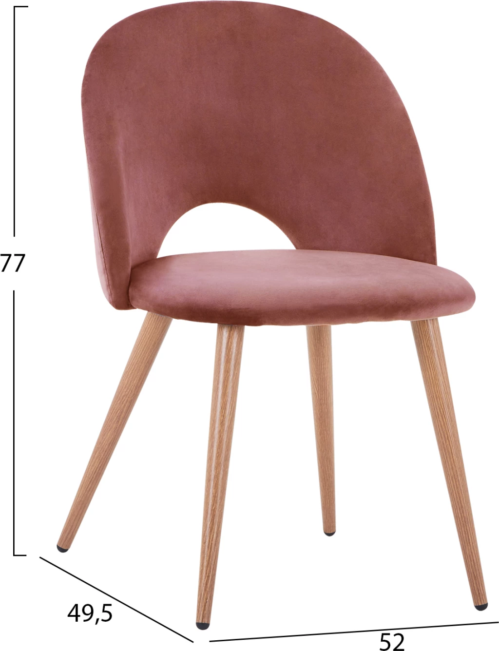 Karrige ngrënieje kadife ngjyrë mollë e kalbur dhe këmbë metalike FH8544.02 52x49,5x77 cm, set prej 4 copë