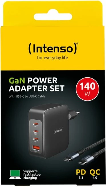 Karikues GaN INTENSO 7814010 140W 3xUSB-C + 1xUSB-A, kabllo USB-C në USB-C 2m 5A e përfshirë, e zezë (set)