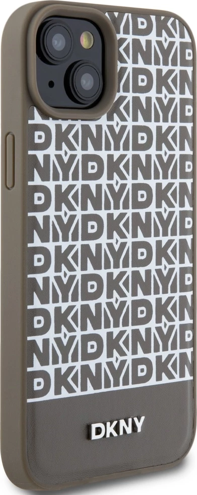 Mbështjellës DKNY Leather Printed Pattern Metal Logo MagSafe për iPhone 15/14/13, Kafe