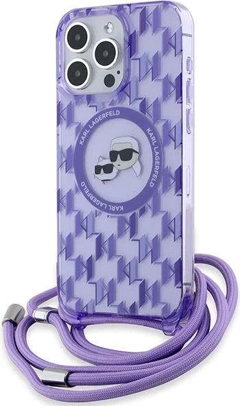 Mbështjellës Karl Lagerfeld IML Crossbody Monogram Karl & Choupette Head MagSafe për iPhone 15 Pro, vjollcë