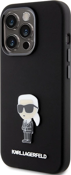 Mbështjellës Karl Lagerfeld Silicone Ikonik Metal Pin për iPhone 15 Pro, i zi
