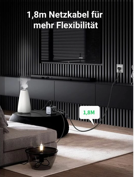 Shirit rryme/karikues UGREEN DigiNest Cube 60113 65W 7-në-1 GaN III 2xUSB-C 2xUSB-A 3xpriza AC kabllo 1.8m, zi/gri