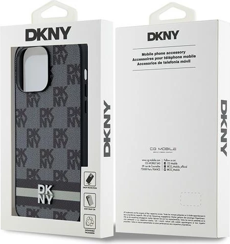 Mbështjellës DKNY Leather Checkered Mono Pattern & Printed Stripes për iPhone 14 Pro Max, i zi