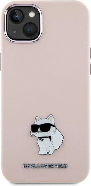 Mbështjellës Karl Lagerfeld Silicone Choupette Metal Pin për iPhone 15 Plus / 14 Plus, Rozë
