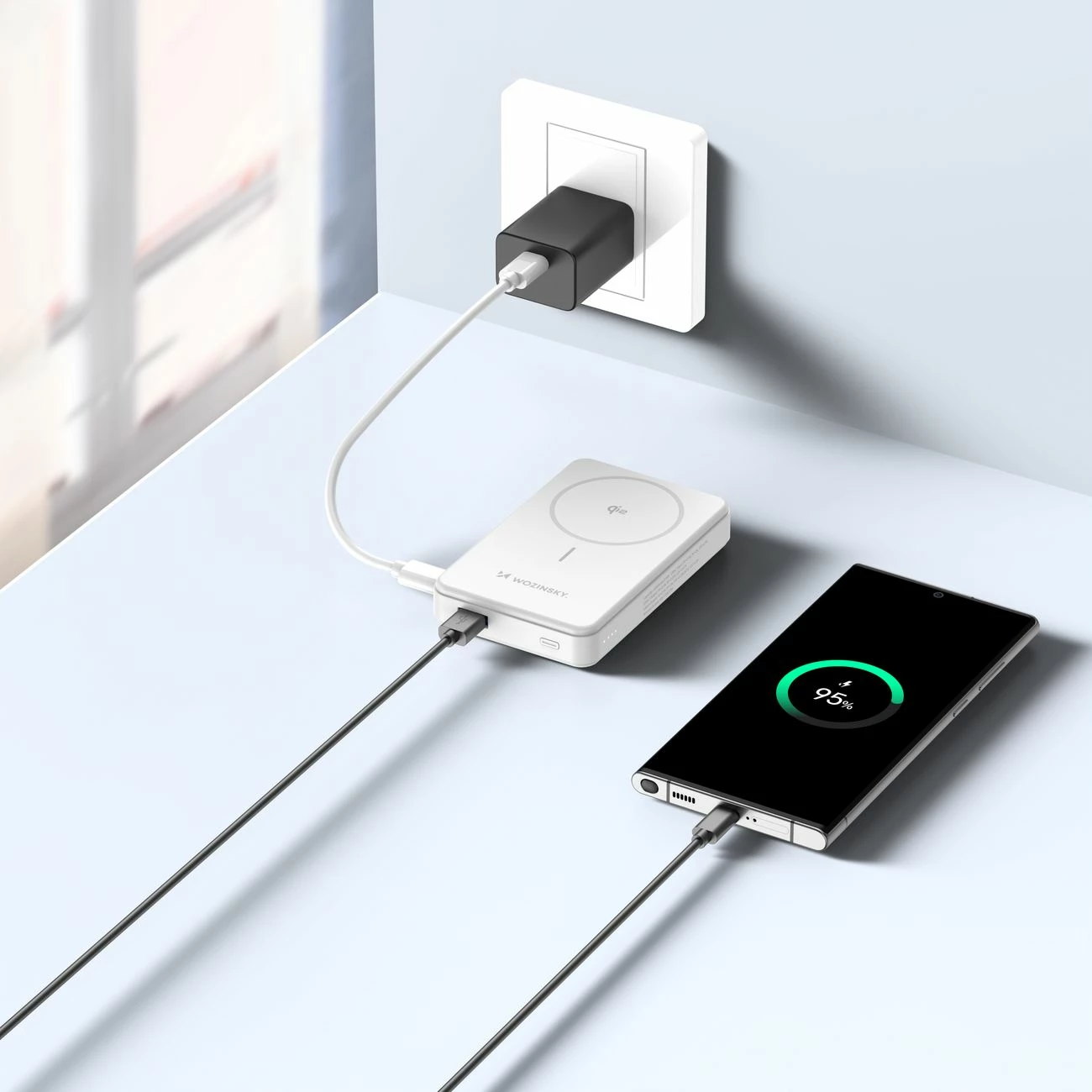 Powerbank Wozinsky WLWP-10KA0Y3WS, 10000 mAh, Qi2, MagSafe, me mbajtëse, Bardhë