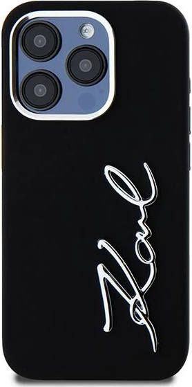 Mbështjellës Karl Lagerfeld Silicone Metal Script Logo për iPhone 15 Pro, i zi