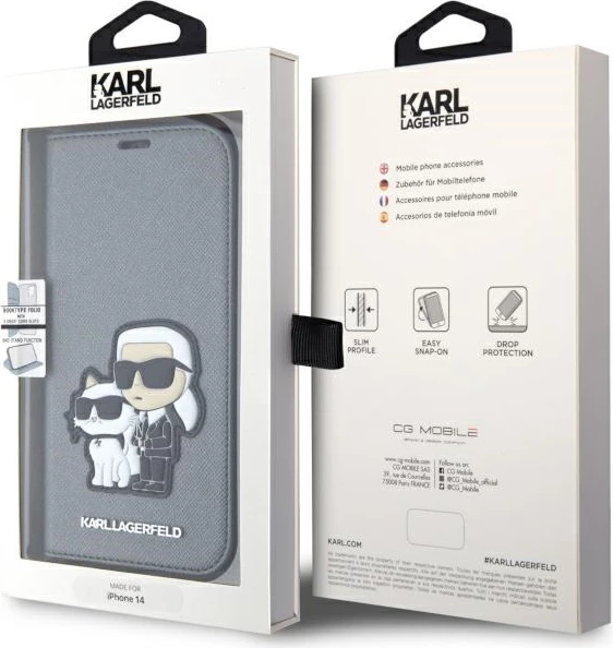 Mbështjellës Karl Lagerfeld KLBKP14SSANKCPG për iPhone 14 6.1", Saffiano Karl & Choupette, argjendtë
