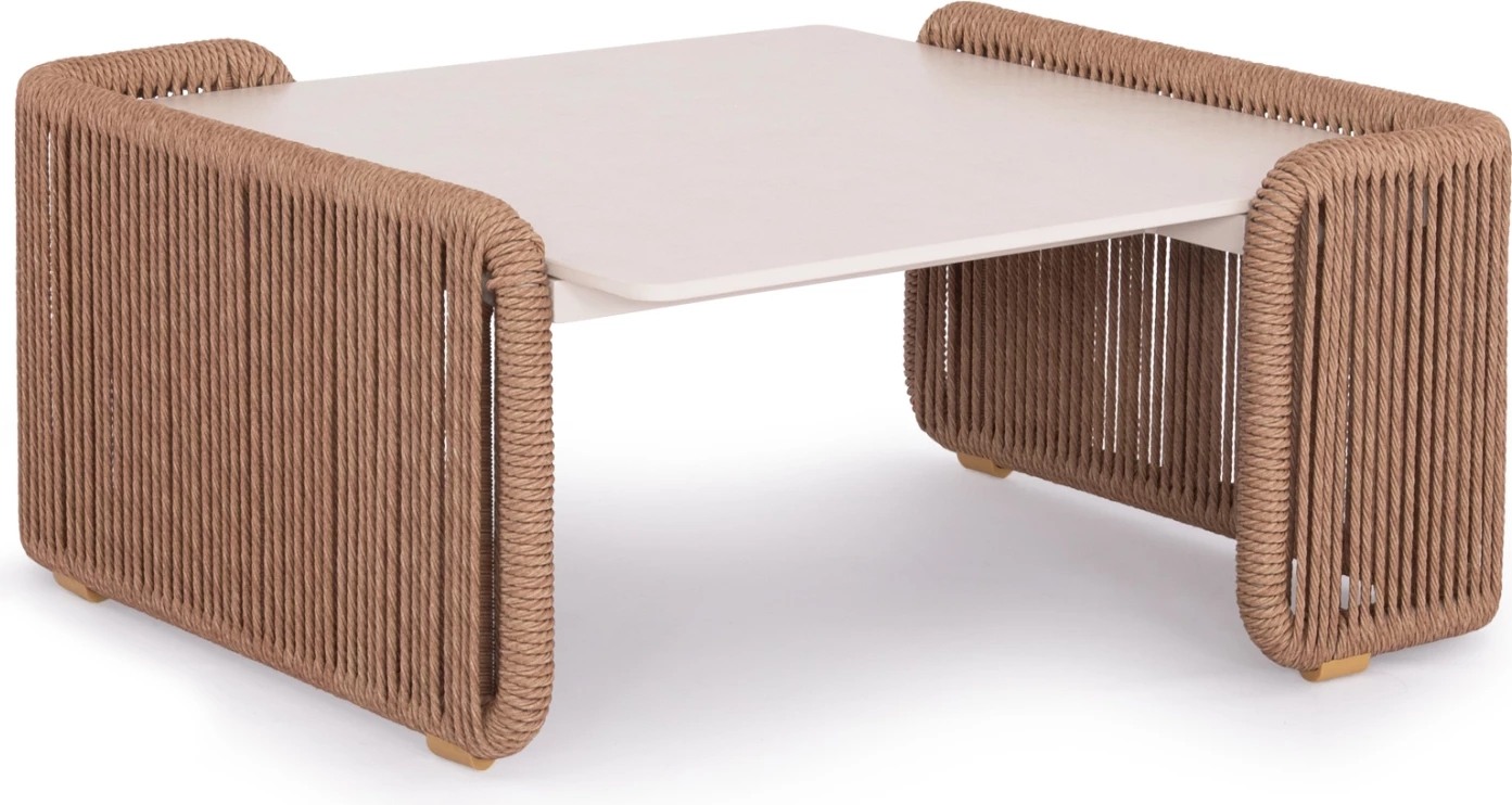 Tavolinë kafeje katrore alumini, litar bezh, sipërfaqe gur sintetik, 88x88x39.5cm, Destiny CD6171