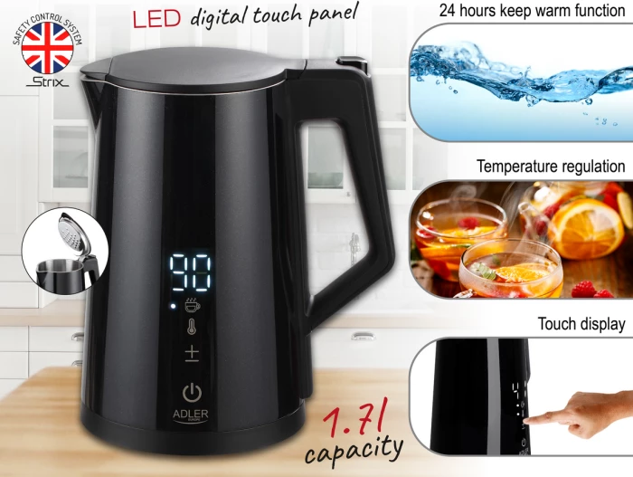 Çajnik elektrik ADLER AD1345B 1.7L 2200W me ekran LED dhe rregullim temperature, i zi