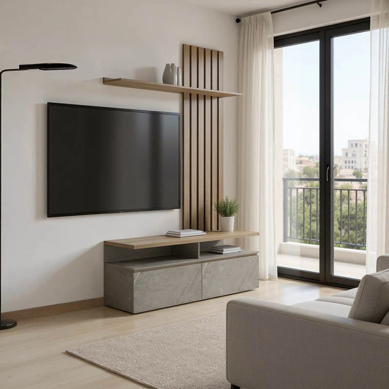 Set për dhomë dite, pamje mermeri bezhë, ngjyrë sonoma, 140x41x219.5cm