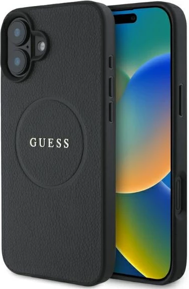 Mbështjellës Guess Grained Ring MagSafe për iPhone 16, i zi
