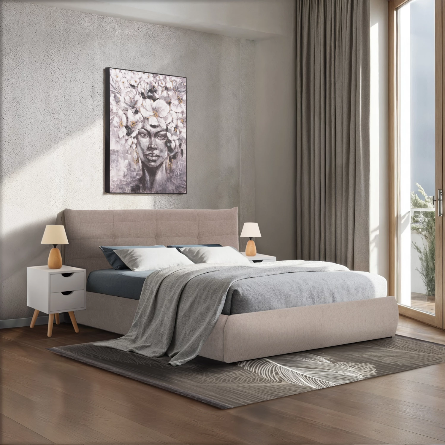 Krevat dopio SANDRA, stof bezhë, me hapësirë për depo, FH732.03, për dyshek 160x200cm