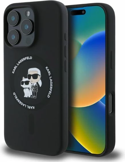 Mbështjellës, Karl Lagerfeld, Silicone Karl & Choupette Heads Ring MagSafe Case, për iPhone 16 Pro Max, me MagSafe, i zi