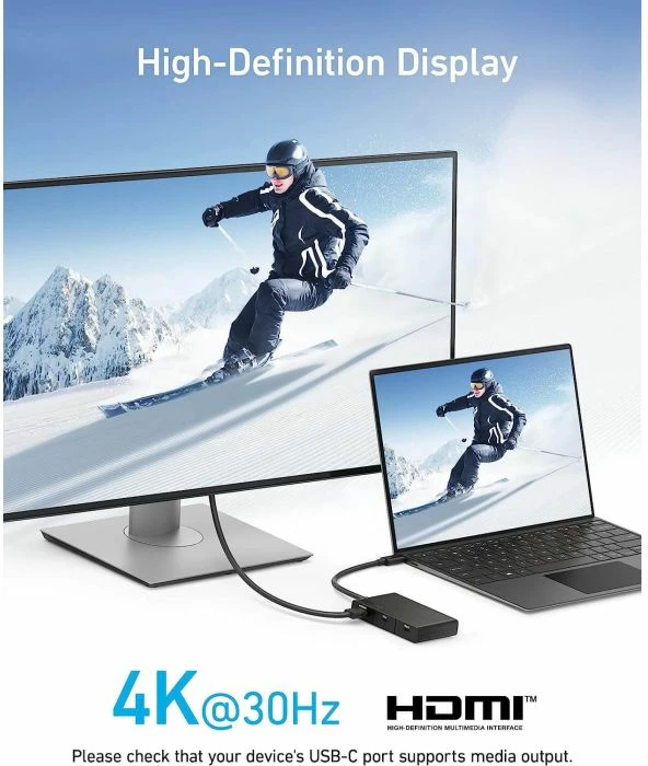 Hub USB-C Anker 332 (A8356G11) 5-në-1, HDMI 4K, 2x USB-A, USB-C 5Gbps, PD 100W, i zi