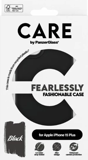 Mbështjellës PanzerGlass CARE Fearlessly Fashionable për iPhone 15 Plus, i zi