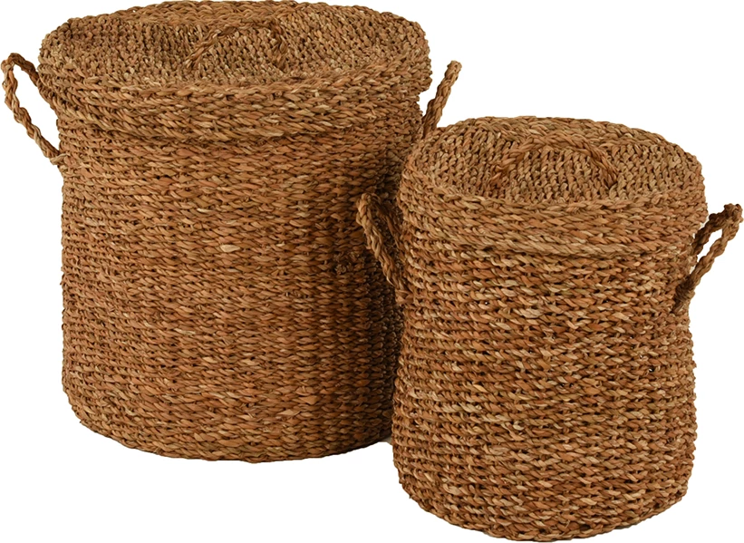 Set shporta prej bari deti me kapak, natyrale, 2 copë, 44x44x45