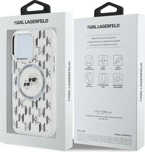Mbështjellës Karl Lagerfeld IML Monogram Karl & Choupette Head MagSafe për iPhone 15 Pro, Transparent