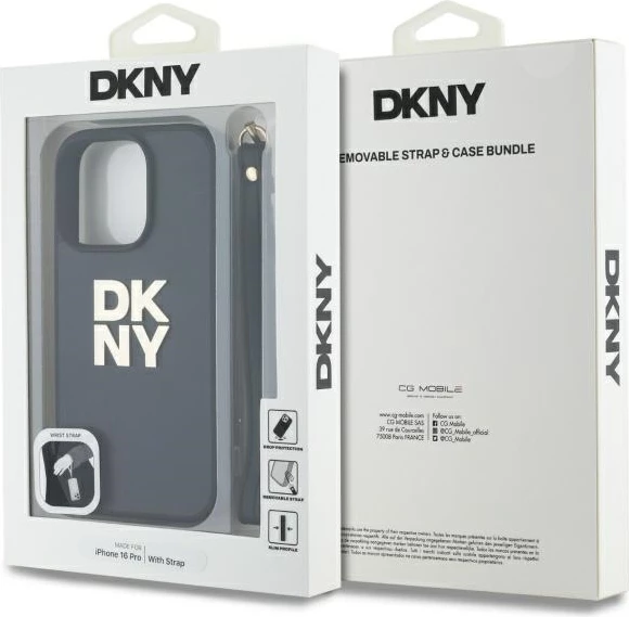 Mbështjellës DKNY Wrist Strap Stock Logo për iPhone 16 Pro, i zi