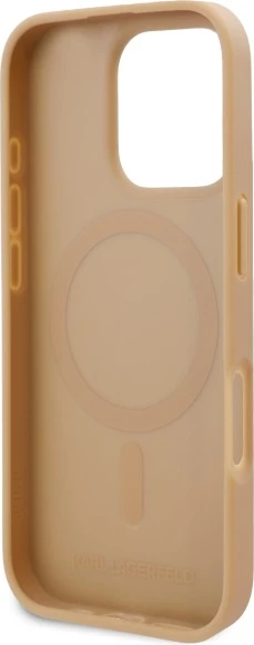 Mbështjellës Karl Lagerfeld për iPhone 16 Pro, lëkurë, MagSafe, Bezhë